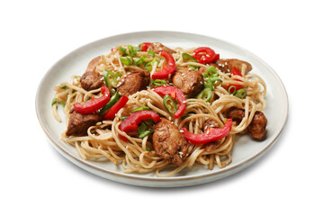 Tasty noodles with chicken, green onions and vegetables isolated on white