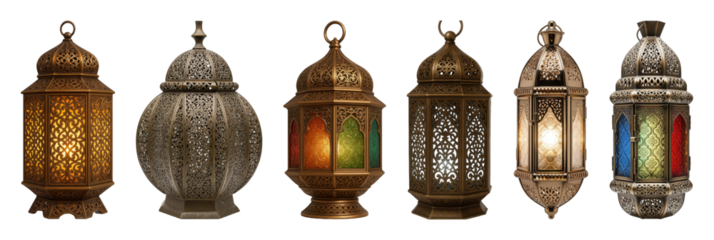 Ornate Moroccan lantern set including various shapes with clear and colored glass isolated. Islamic holidays and festive decor.