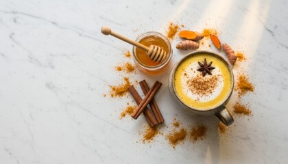 Fototapeta premium Aesthetic Flatlay of Turmeric Latte with Cream, Cinnamon Sticks, Honey Jar, and Spices on Marble Surface, Presenting an Upscale Beverage Experience