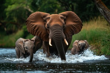 Elephant family crossing river with splashing water in lush green forest, showing strong bond and natural beauty of wildlife