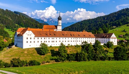 Picturesque monastery nestled in a valley, framed by lush green hills and a backdrop of majestic mountains.  The white building with a terracotta roof displays a historical charm.