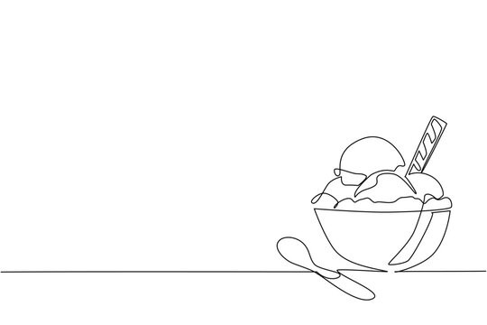 One line drawing of a bowl of rocky road ice cream with scoops, wafer stick, and spoon, celebrating National Rocky Road Day in a minimalist food concept vector style.