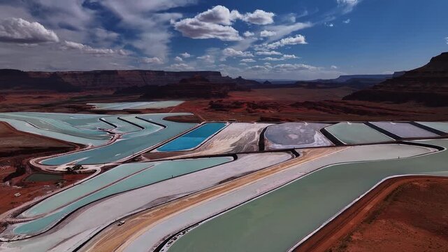 Aerial view of the Potash ponds contrasting with the red desert landscape under a blue sky with fluffy clouds, Moab, Utah, United States.
