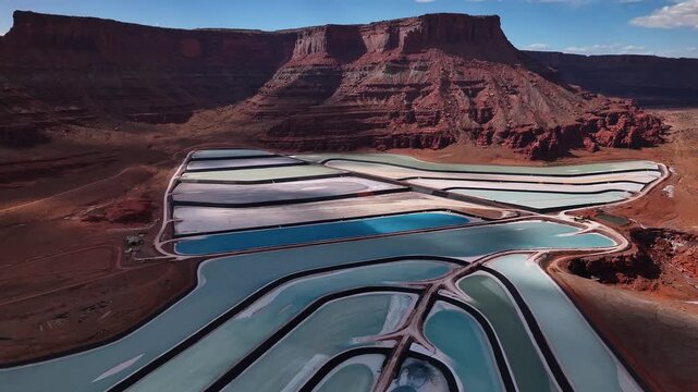 Aerial view of geometric potash ponds reflecting the sky, contrasting against the red rock landscape, Moab, Utah, United States.