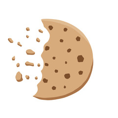 Bitten cookie with crumbs vector illustration. Cartoon baked round choco cookie icon