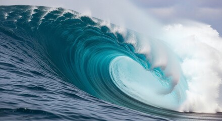 A massive blue ocean wave curls and barrels creating a tube of turquoise water and white foam