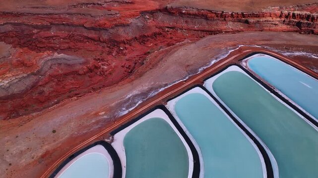 Aerial view of the Potash Ponds, turquoise water sharply contrasts against the red rock formations, creating a striking visual, Moab, Utah, United States.