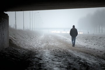A person walks slowly along a snow-covered path beneath a highway overpass during a foggy winter evening, creating a serene atmosphere Generative AI