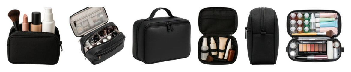 Naklejka premium Black cosmetic bag set including open, closed, textured, and filled views isolated. Travel and makeup organization.