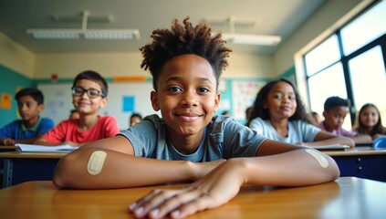 A brave and happy African American boy proudly shows the bandages on his arms after receiving a vaccination at school.