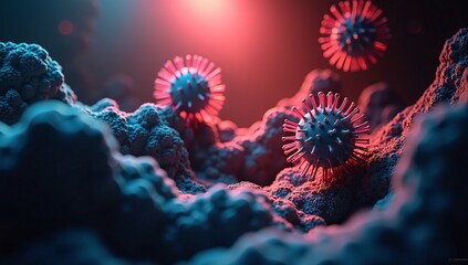 A 3D medical illustration of viruses, such as a coronavirus or influenza, infecting host cells in the human body.