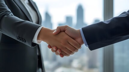 Handshake of Partnership: Two suited professionals seal a business deal with a firm handshake, the skyline visible through the window symbolizing their shared goals.
