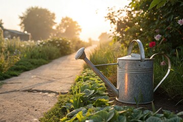 Morning Sunlight Hits a Watering Can Along a Garden Path Surrounded by Flowers