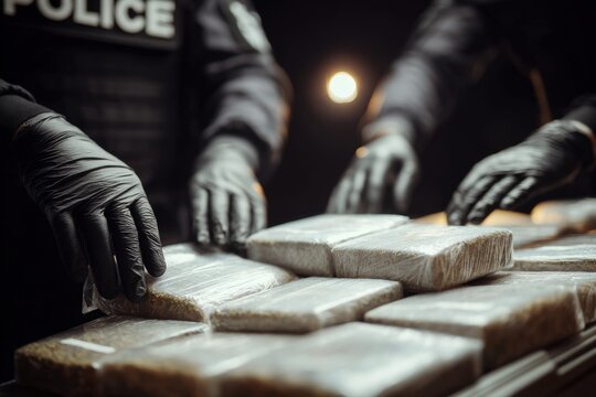 Officers in gloves handle tightly wrapped packages believed to contain illegal substances while conducting a significant drug operation Generative AI
