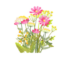Cartoon wildflower bouquet bunch in wild spring bush, summer groove blossoms creating bright seasonal illustration with decorative meadow flowers