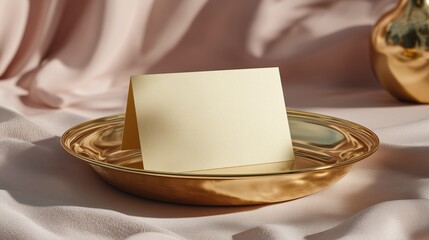 Elegant textured card standing on gold decorative plate with soft fabric backdrop for luxury branding and event stationery mockup.

