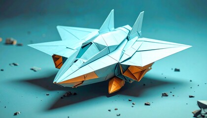 Origami spaceship model on a blue surface.