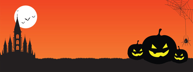 Spooky Halloween Banner with Pumpkins, Bats, and Castle | A festive autumn background for web and print featuring pumpkins, a full moon, and an eerie haunted house.