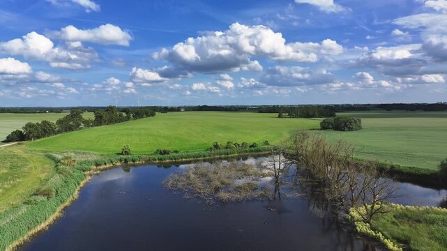 Aerial view of lush green fields meeting a serene waterbody under a vibrant sky, showcasing the landscape's texture and color, Br&uuml;ssow Uckermark, Brandenburg, Germany.