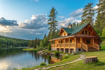 Fototapeta premium Scenic Lakeside Cabin Surrounded by Trees During Golden Hour