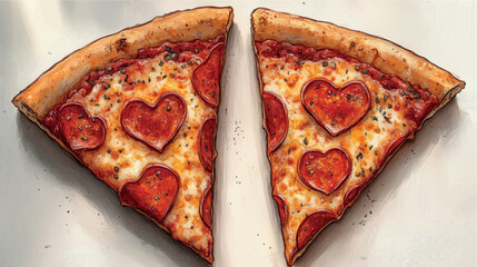 Two pieces of pepperoni pizza with hearts. Pepperoni pizza, mozzarella. Italian pizza. Romantic date in a restaurant. Valentine's Day. Love card template.