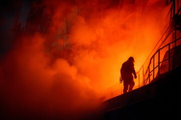 Fototapeta premium A worker cautiously navigates steps surrounded by thick smoke and bright, warm light in an industrial setting during nighttime Generative AI