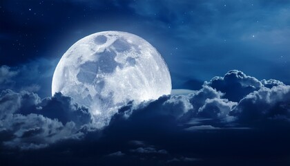 a radiant full moon illuminating the night sky surrounded by soft drifting clouds that add depth and mystery to the scene