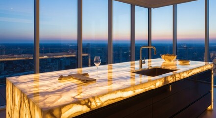 Illuminated countertop in a modern kitchen with city views at dusk