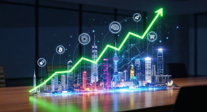 Holographic city skyline with upward trending graph and icons