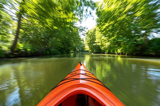 Peaceful kayaking adventure along tranquil river surrounded by lush green forest. Sunlight reflects on calm water as paddles glide, offering relaxation, outdoor exploration, serene scenery, and enjoym