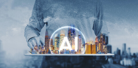 AI learning, AI technology , and smart city technology. Businessman holding hologram of smart city