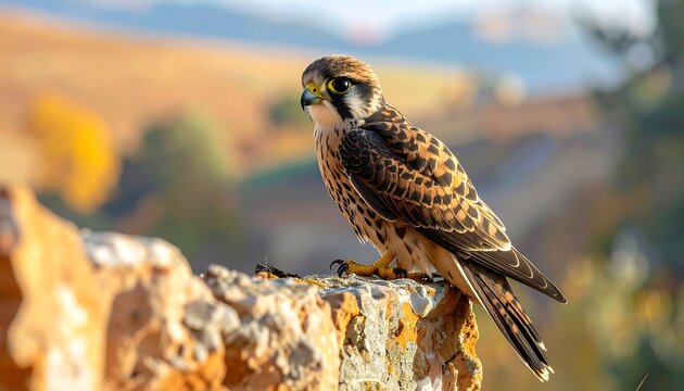 A sharp-shinned hawk perches alertly on a rocky outcrop against a soft, out-of-focus backdrop of autumnal colors.