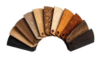 Wood samples arranged in a fan shape, showcasing a variety of wood grains and finishes