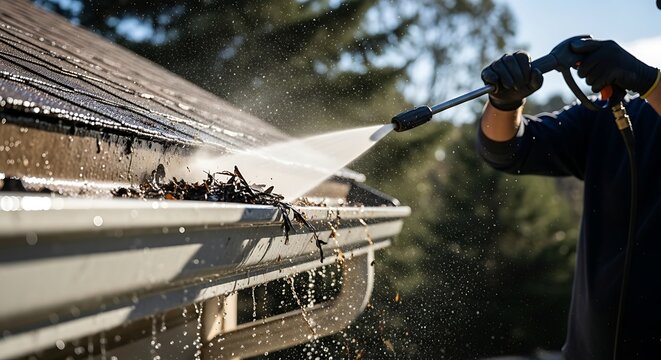 Worker cleaning roof gutter with water pressure hose
