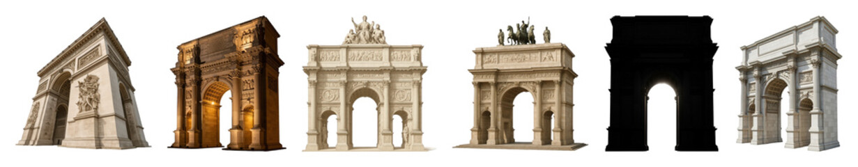 Fototapeta premium Triumphal arch set including various famous historical monuments and architectural structures isolated. Ancient heritage and European landmarks.