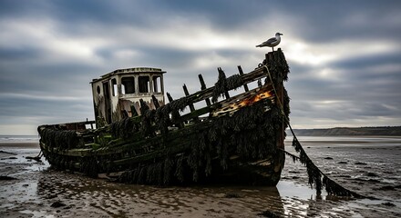 Abandoned shipwreck on seashore at sunset
