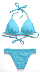 Light blue bikini lying on a white background