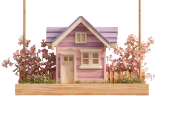 A miniature, pastel-pink house sits on a wooden platform, suspended by ropes, surrounded by blossoming pink flowers
