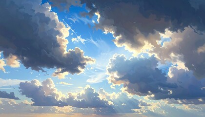 A vibrant, detailed portrayal of a vast, partly cloudy sky, showcasing soft light and dramatic cloud formations.