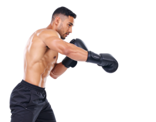 Muscular boxer throwing a punch on transparent background