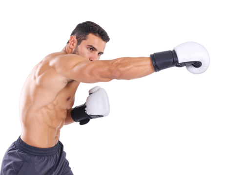 Muscular boxer throwing a punch on transparent background