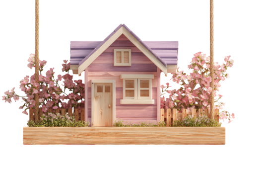 A miniature, pastel-pink house sits on a wooden platform, suspended by ropes, surrounded by blossoming pink flowers