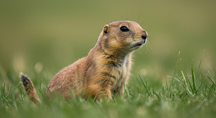 Alert Prairie Dog Gazing, Lush Green Grass, Natural Habitat, Wildlife Portrait.
