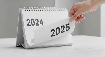 Hand turning page of desktop calendar from 2024 to 2025 symbolizing the passage of time and anticipation of the new year