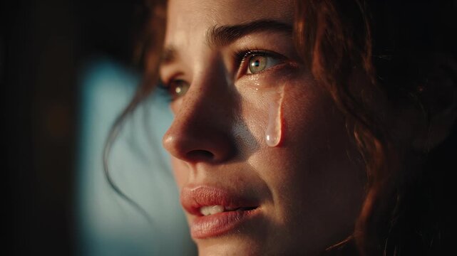 Close-up, dramatic portrait of a crying young woman with a tear running down her cheek in dark, emotional lighting.
