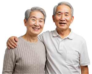 happy elderly Asian couple standing close Smiling together. International Day of Older Persons