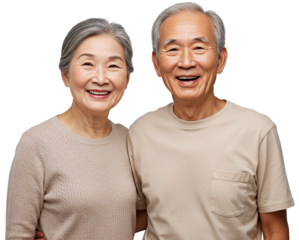 happy elderly Asian couple standing close Smiling together. International Day of Older Persons