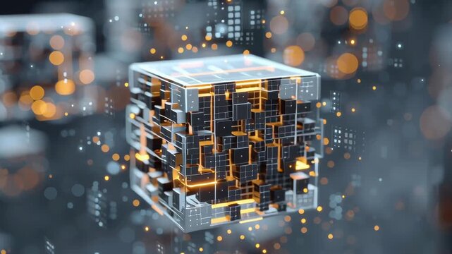 A computer generated image of cubes with a yellow glow. The cubes are floating in the air and appear to be made of glass. The image has a futuristic and technological feel to it