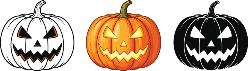 Fototapeta premium Vector art of halloween pumpkin set collection of spooky jack o lanterns with scary faces for holiday decoration