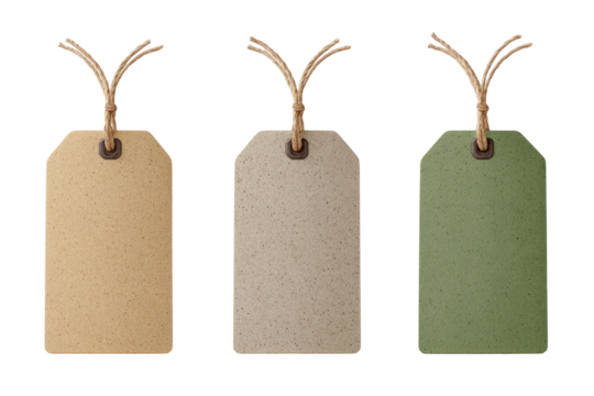 Three blank paper tags, light beige, beige-gray, and sage green, with twine loops and metal eyelets